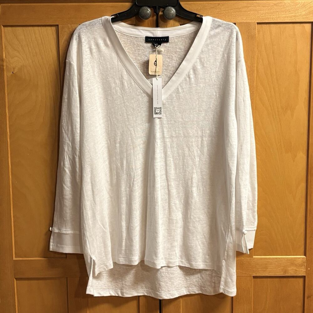Sanctuary Shirt Womens White Size Small 3/4 Sleeve V Neck & Sheer Linen